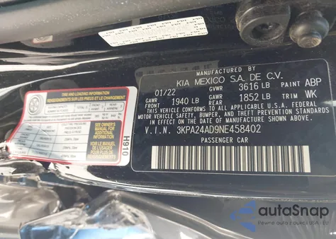 2022 Kia Rio S из США, поврежденный, VIN 3KPA24AD9NE458402